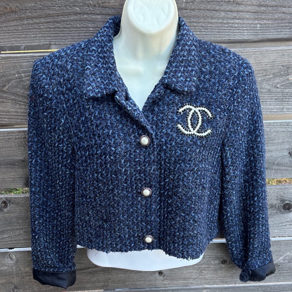 Repurposed and distressed Navy Tweed Blazer with Logo by “Jagged Threads”